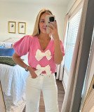 Sweet V-neck short-sleeved double-bow solid color sweater for women