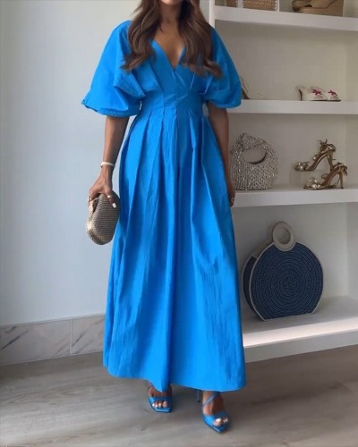 Autumn Sexy V-Neck Pleated Short Sleeve Solid Color Long Dress