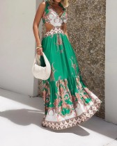 Fashion casual hollow out tie bohemian print long maxi dress
