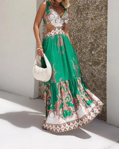 Fashion casual hollow out tie bohemian print long maxi dress