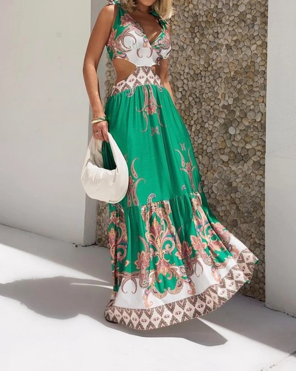Fashion casual hollow out tie bohemian print long maxi dress
