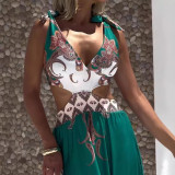 Fashion casual hollow out tie bohemian print long maxi dress