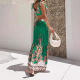 Fashion casual hollow out tie bohemian print long maxi dress
