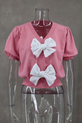 Sweet V-neck short-sleeved double-bow solid color sweater for women