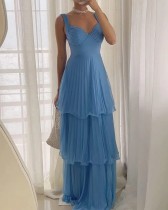Women's Elegant Dress Sexy Sleeveless Multi-layered Pleated Solid Color Dress