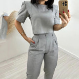 Women's suit short-sleeved top and long pants casual solid color two-piece suit