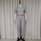 Women's suit short-sleeved top and long pants casual solid color two-piece suit