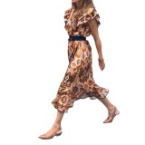 Casual Sleeveless Ruffle Sleeve Print Maxi Dress