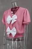 Sweet V-neck short-sleeved double-bow solid color sweater for women