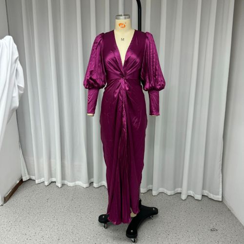 Women's long sleeve sexy solid color pleated evening dress