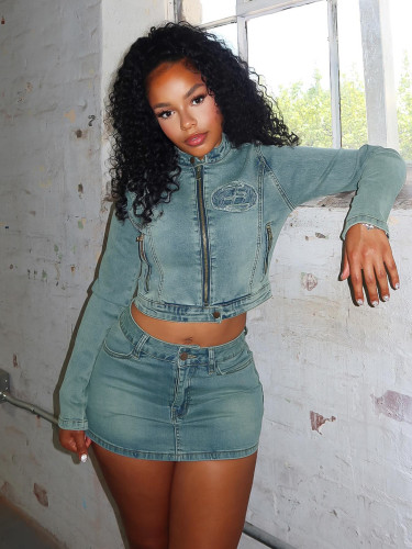 Stretch Applique Embroidered Two-Piece Denim Skirt Set
