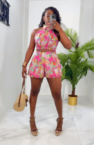 Casual Printed Sleeveless Shorts Set