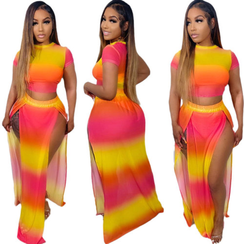 Sexy Printed Short Sleeve Gradient Contrast Color Slit Long Skirt Two-piece Set