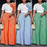 Round neck short sleeve striped contrast color wide leg pants two piece set