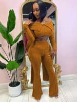 Solid color elegant top long wide leg pants set