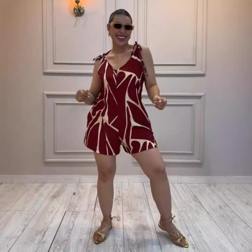 Sexy Printed Tie-Strap Loose Women Rompers Jumpsuit