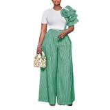 Round neck short sleeve striped contrast color wide leg pants two piece set