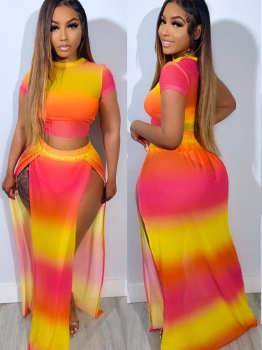 Sexy Printed Short Sleeve Gradient Contrast Color Slit Long Skirt Two-piece Set