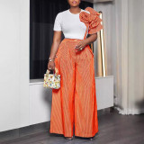 Round neck short sleeve striped contrast color wide leg pants two piece set
