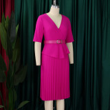 African Plus Size Women Elegant V Neck Pleated Midi Dress