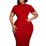 Plus Size Women's Solid Color Short Sleeve Half Turtleneck Pencil Dress