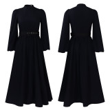 Plus size women's solid color elegant high collar three-quarter sleeve skater dress