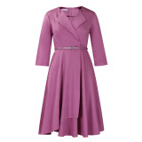 African Plus Size Women's Fashion V-Neck Solid Color A-linge High Waist Midi Dress
