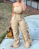 Fashion solid color drawstring pleated casual two piece pants set