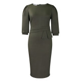Plus size women's solid color round neck pleated office pencil dress