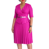 African Plus Size Women Elegant V Neck Pleated Midi Dress