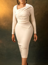 African Plus Size Women's Fashion Bodycon Slant Neck Pleated Midi Length Office Dress