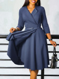 African Plus Size Women's Fashion V-Neck Solid Color A-linge High Waist Midi Dress