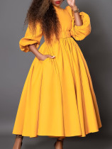 Plus size women's solid color elegant high collar three-quarter sleeve skater dress