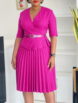 African Plus Size Women Elegant V Neck Pleated Midi Dress