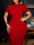 Plus Size Women's Solid Color Short Sleeve Half Turtleneck Pencil Dress