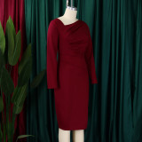 African Plus Size Women's Fashion Bodycon Slant Neck Pleated Midi Length Office Dress
