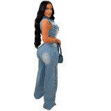 Tight waist slim fit stretch washed denim jumpsuit