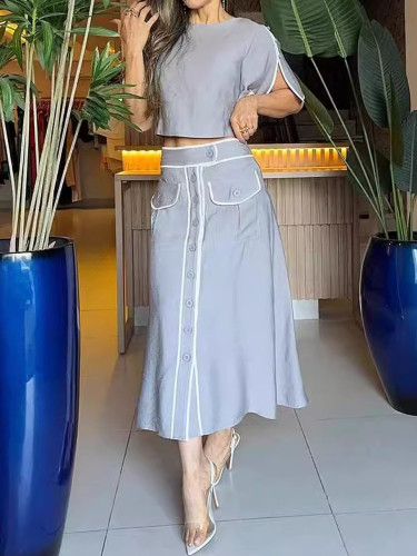 Fashionable women's set round neck color matching long sleeve top skirt two piece set clothing