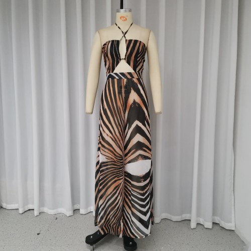 Women's Sleeveless Cross Halter Leopard Print Jumpsuit