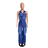 Tight waist slim high elastic washed denim jumpsuit straight loose jumpsuit
