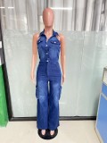 Tight waist slim high elastic washed denim jumpsuit straight loose jumpsuit