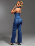 Tight waist slim high elastic washed denim jumpsuit straight loose jumpsuit