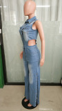 Tight waist slim fit stretch washed denim jumpsuit