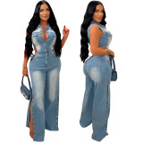 Tight waist slim fit stretch washed denim jumpsuit
