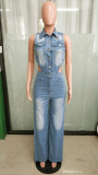 Tight waist slim fit stretch washed denim jumpsuit