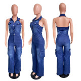 Tight waist slim high elastic washed denim jumpsuit straight loose jumpsuit