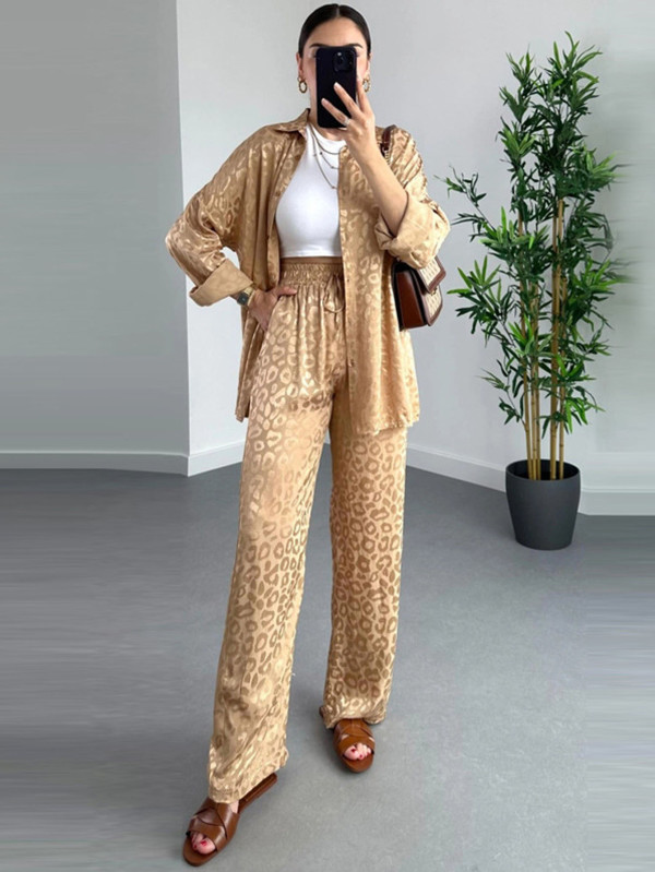 Casual Leopard Print Chic Blouse + High Waisted Matching Pants Two Piece Outfit