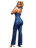 Tight waist slim high elastic washed denim jumpsuit straight loose jumpsuit
