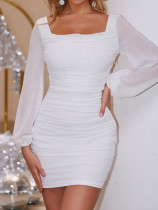 Square neck long sleeve sexy solid color white dress