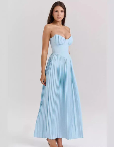 Sky blue strapless pleated long bridemaid dress